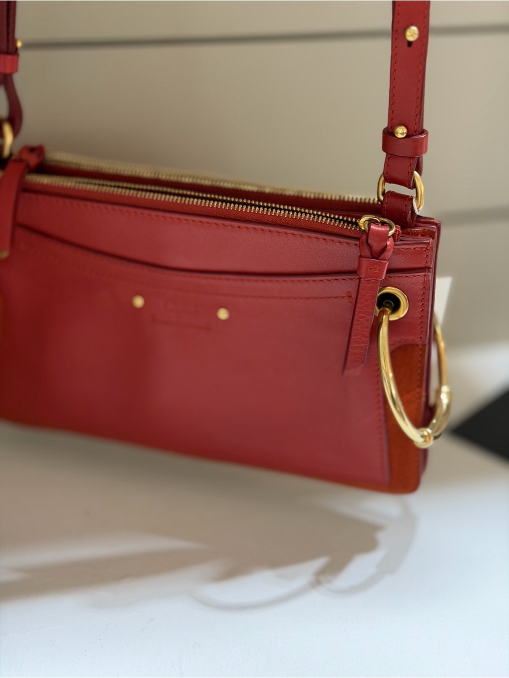 Chloe Red Leather Crossbody with Gold Ring Hardware